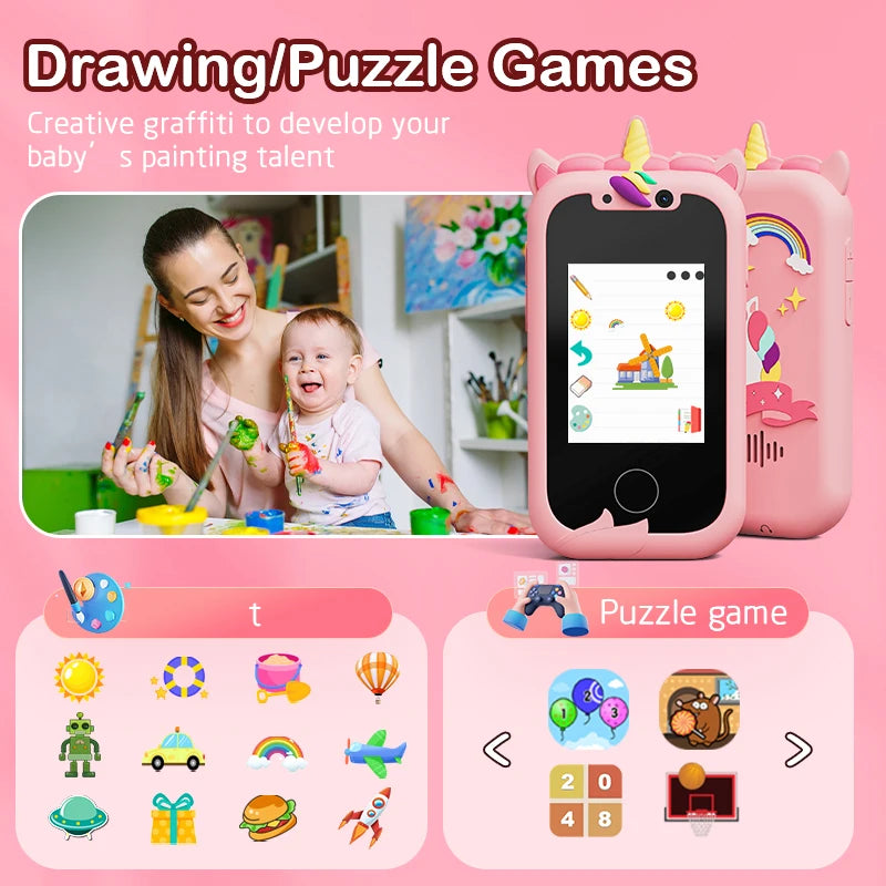 Kids Smart Phone Camera Toys Touchscreen Unicorn Baby Mobile MP3 Player Digital Camera Educational Toys for Girls Boys Age 3-8