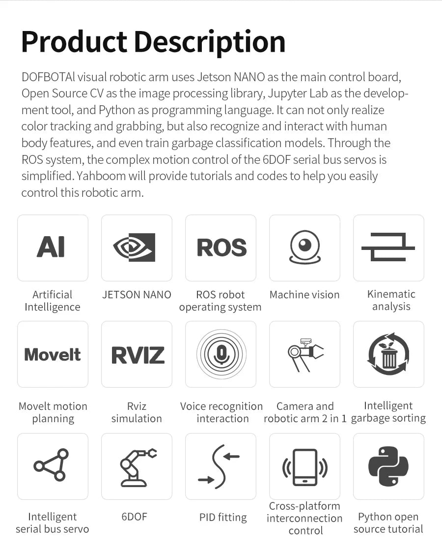 Yahboom 6DOF AI Visual Robotic Arm ROS Robot Kit Artificial Intelligence Robot with 15KG 6KG Servo for Jetson NANO 4GB CE ROHS