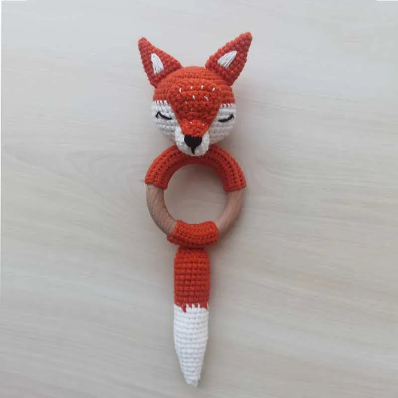 Handmade Baby Wooden Teether DIY Crochet Deer ELK Rattle Newborn Rodent Teething Ring Mobile Gym Educational Toys for Kids