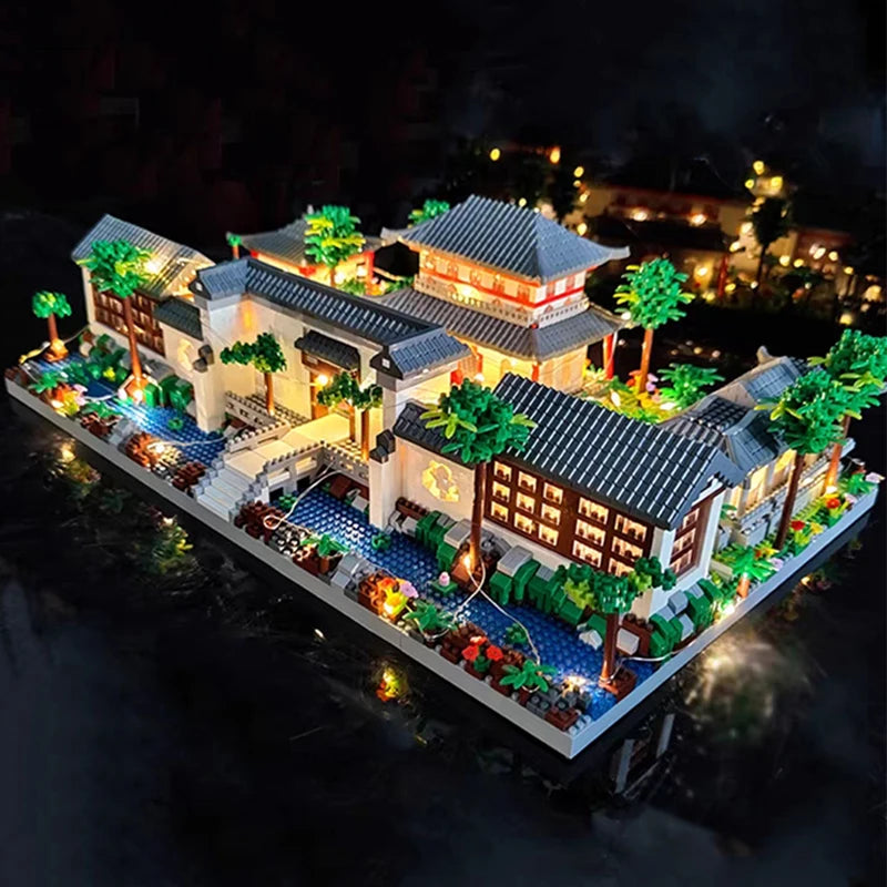 Lezi Architecture Ancient Pavilion Temple Tower Lake Garden Gate LED Light Model Mini Diamond Blocks Bricks Building Toy no Box
