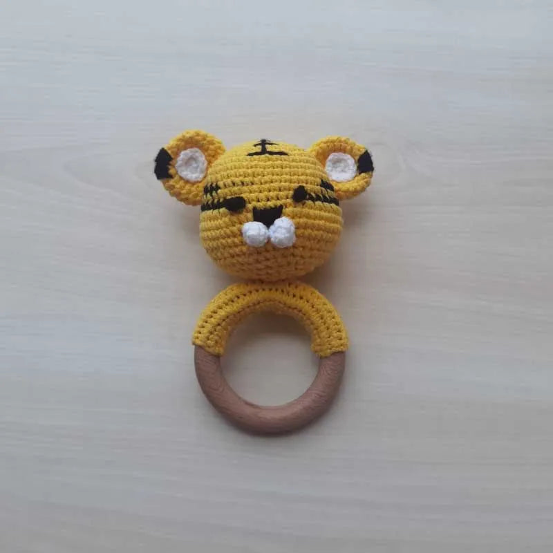 Handmade Baby Wooden Teether DIY Crochet Deer ELK Rattle Newborn Rodent Teething Ring Mobile Gym Educational Toys for Kids