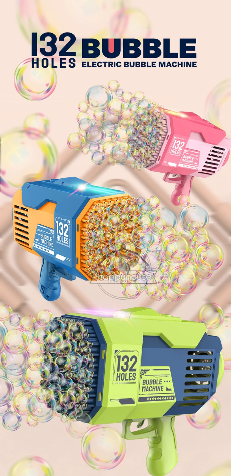 Bubble Gun Rocket 132 Holes Soap Bubbles Machine Gun Shape Automatic Blower With Light Toys For Kids Pomperos Childrens Day Gift