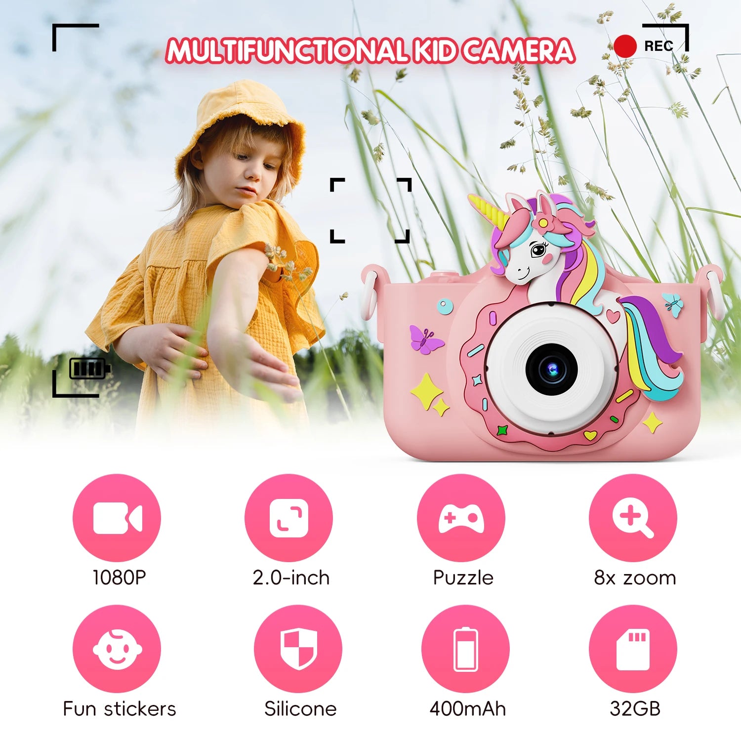 Children Camera with 32GB Card Toys for 3-12 Years Old Kids HD Digital Video Camera Protective Silicone Cover Birthday Gifts