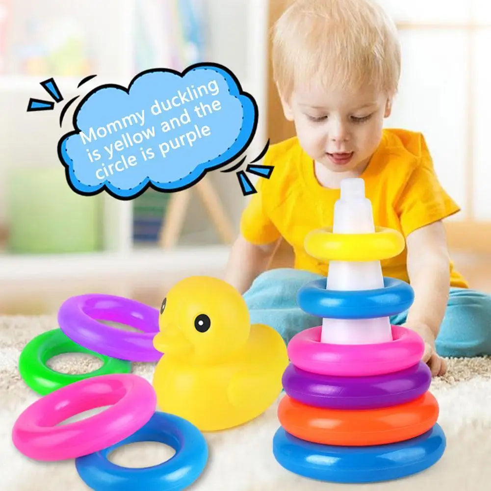 Adorable Yellow Duck Toy Color Stacking Rings Tower Toy Kids Toddler Bath Tub Play Toy Gift Baby Elatric Toys Stacking Cups