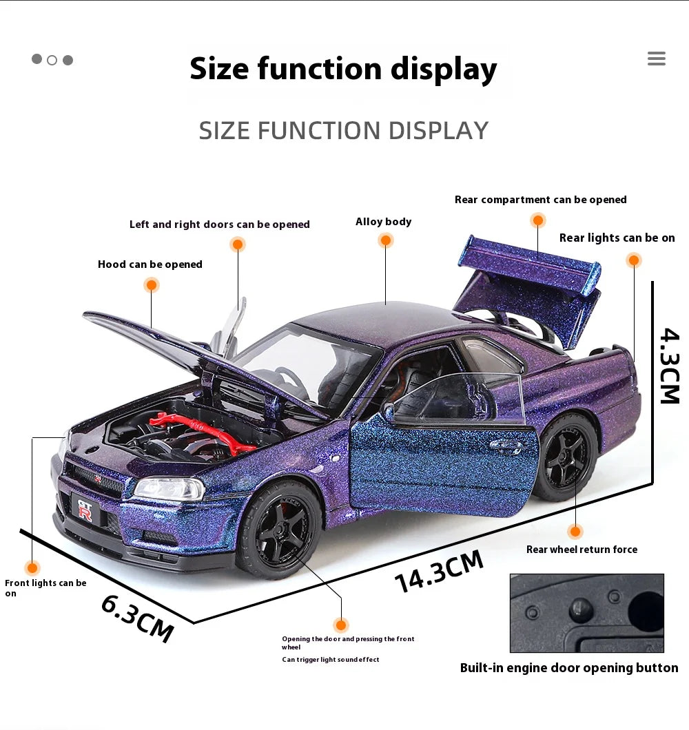 1:32 Nissan GTR R34 Skyline Supercar Alloy Metal Diecast Car Model Sound & Light Holiday Boyfriend Gift Collect Hobby Ornaments