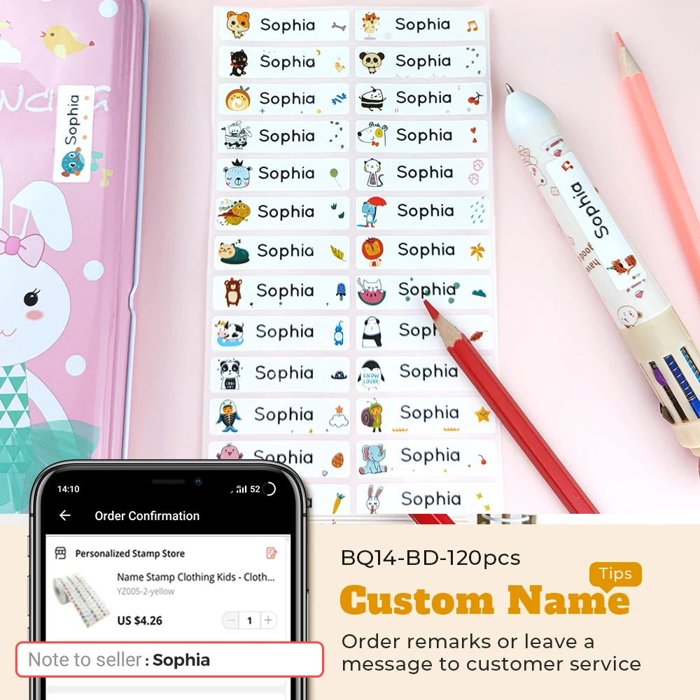 Colorful Cute Cartoon Car Ship Moon Cake Personalized Name Stamp For Kids Child Baby Waterproof Non-Fading Clothing Name sticker