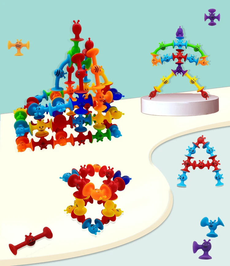 Small Bees Suction Cup Toys Set,Soft Building Blocks Pop Sucker,Parent-child Interactive Game, Window Bath Toys