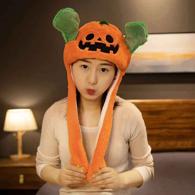 Ear Moving Jumping Hat Funny Plush Ghost Hat Unisex Earflaps Movable Ears Hat Cosplay Halloween Party Hat for Kids Boys Girls