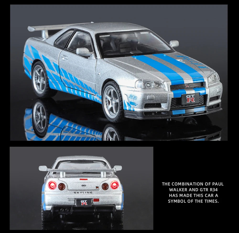 1:32 Nissan GTR R34 Skyline Supercar Alloy Metal Diecast Car Model Sound & Light Holiday Boyfriend Gift Collect Hobby Ornaments