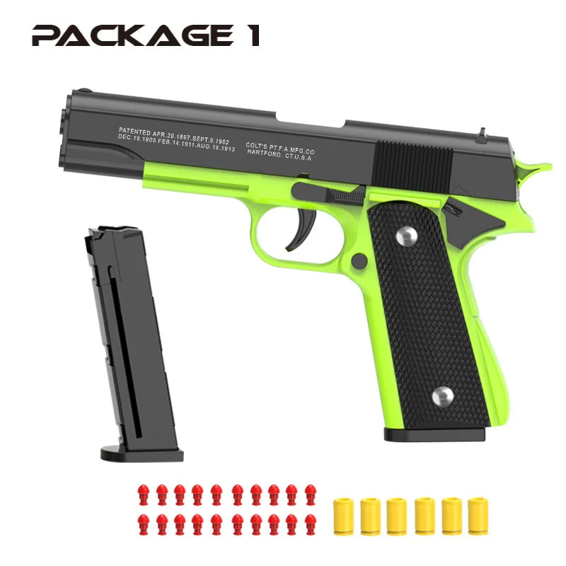 New.All Black M1911 Colt Toy Gunman Gun, Soft Bullet Shell, Catapult Blaster, Manual Air Gun Launcher, Boys Shooting Game 14+y