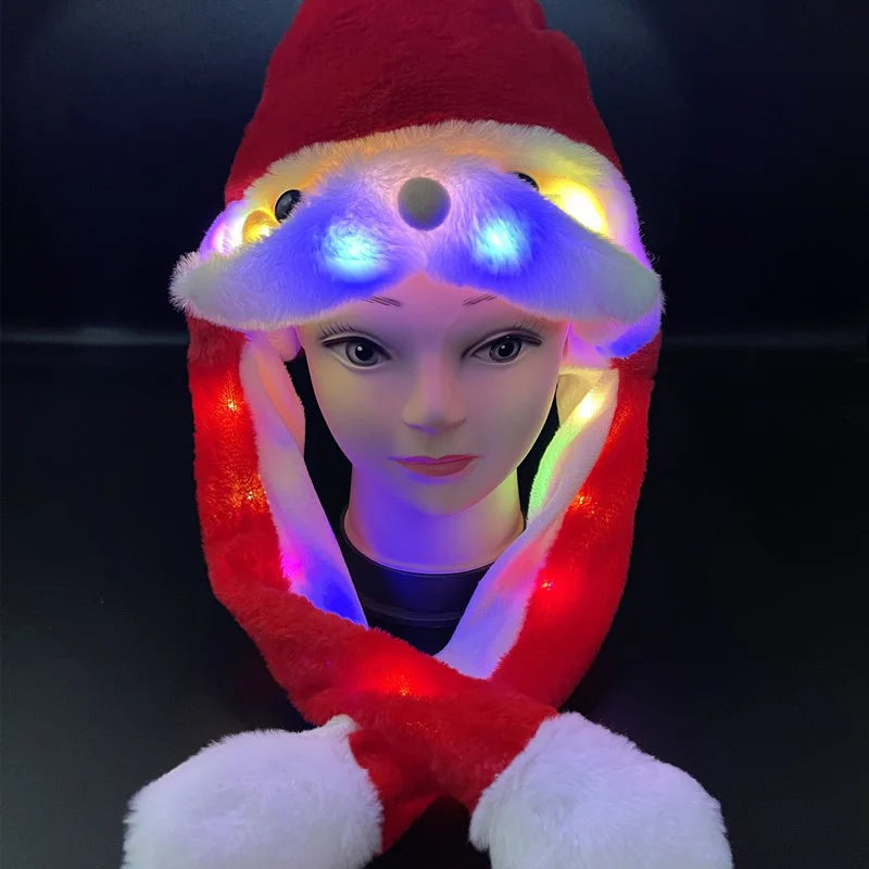 LED Santa Claus Hat With Moving Beard Christmas Funny Gift For Kids Boys Girls Cute Cosplay Santa Claus Glowing Hat Plush Toy