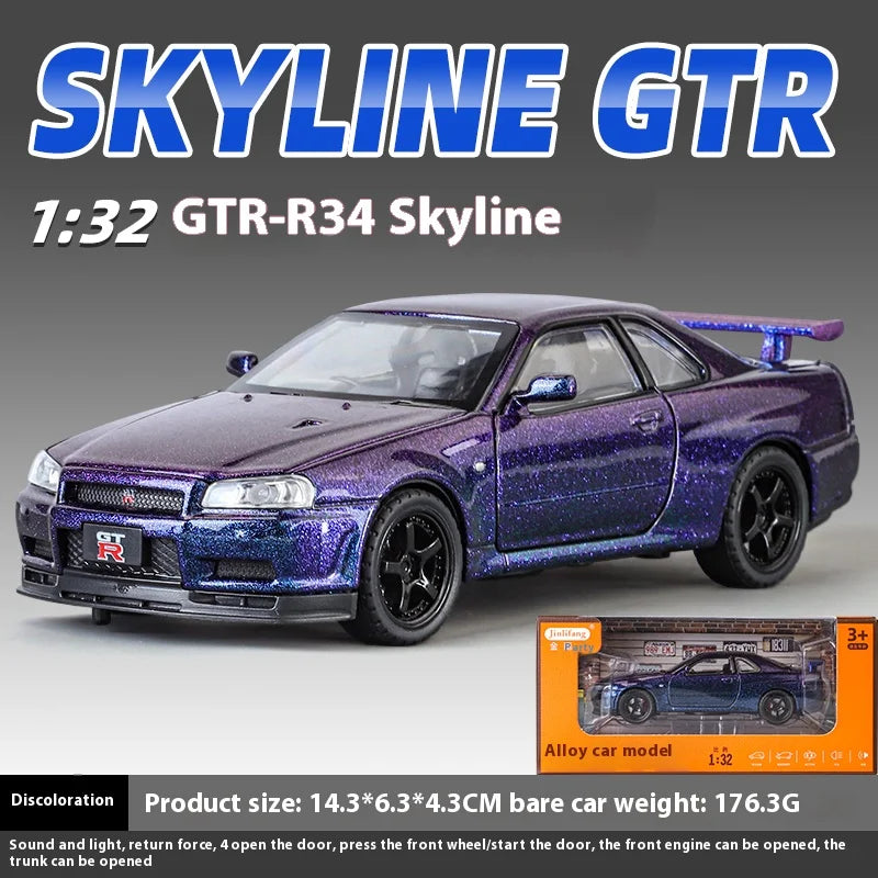 1:32 Nissan GTR R34 Skyline Supercar Alloy Metal Diecast Car Model Sound & Light Holiday Boyfriend Gift Collect Hobby Ornaments