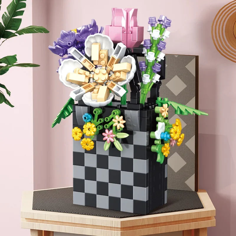 Bag flower basket Flower language girl pieced together assemble building blocks toy decoration model gift