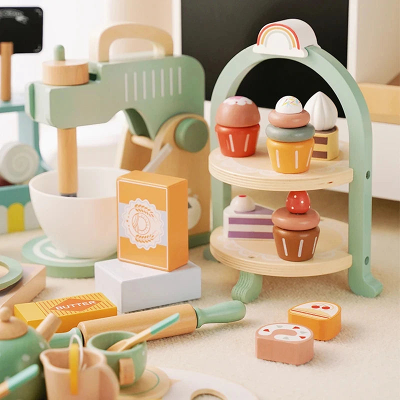 Wooden Kitchen Pretend Play Toy Kids Wooden Toys Coffee Maker Set Cake Ice Cream Tea Playset Toddler Learning Educational Toys