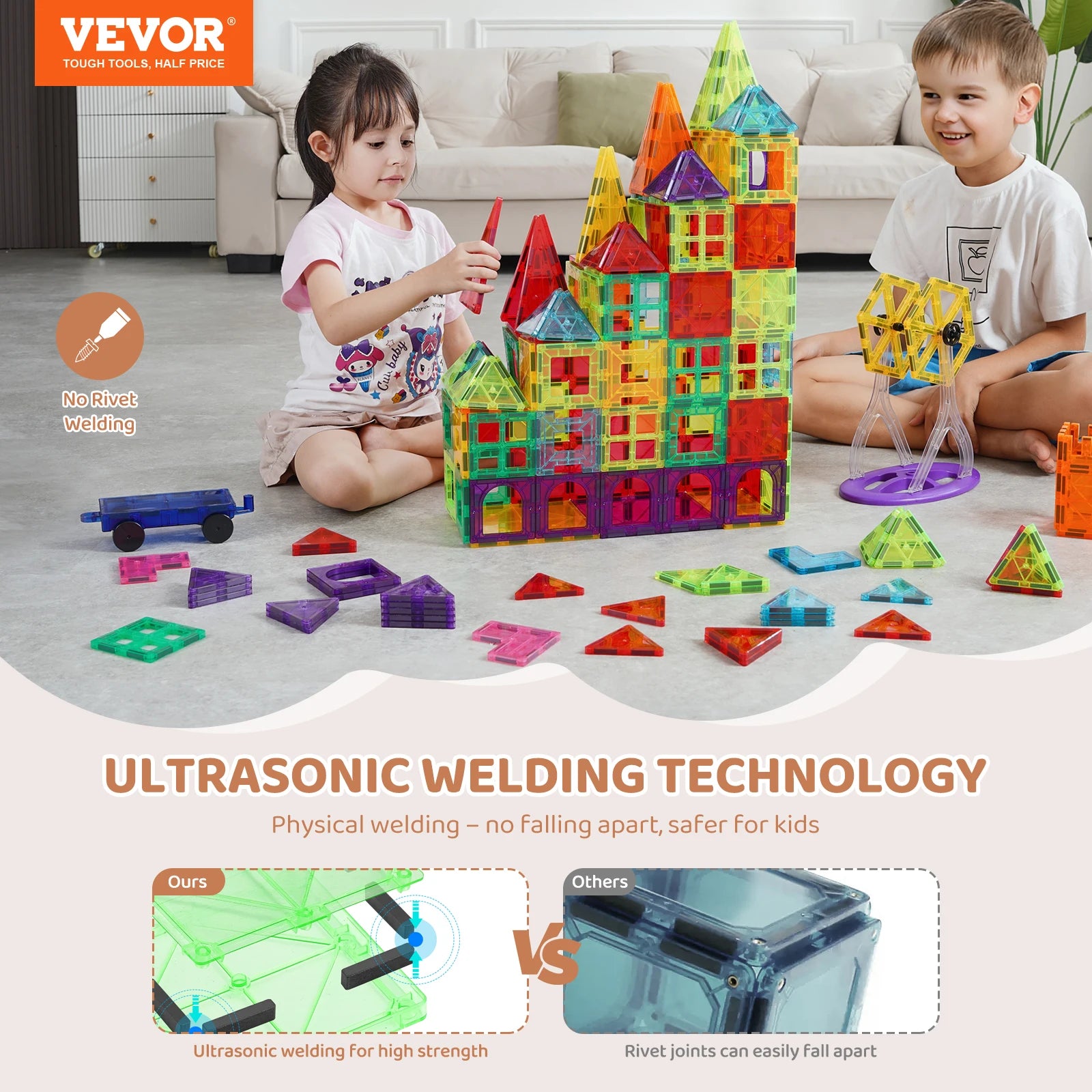VEVOR 180PCS Magnetic Building Blocks Construction Set Children Magnet Tiles Montessori Educational Toys for Kids Birthday Gifts