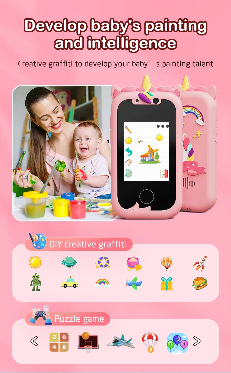 Kids Smart Phone Camera Toys Touchscreen Unicorn Baby Mobile MP3 Player Digital Camera Educational Toys for Girls Boys Age 3-8