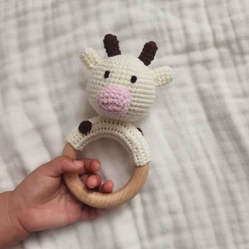 Handmade Baby Wooden Teether DIY Crochet Deer ELK Rattle Newborn Rodent Teething Ring Mobile Gym Educational Toys for Kids