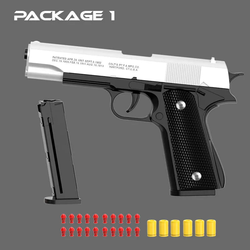 New.All Black M1911 Colt Toy Gunman Gun, Soft Bullet Shell, Catapult Blaster, Manual Air Gun Launcher, Boys Shooting Game 14+y