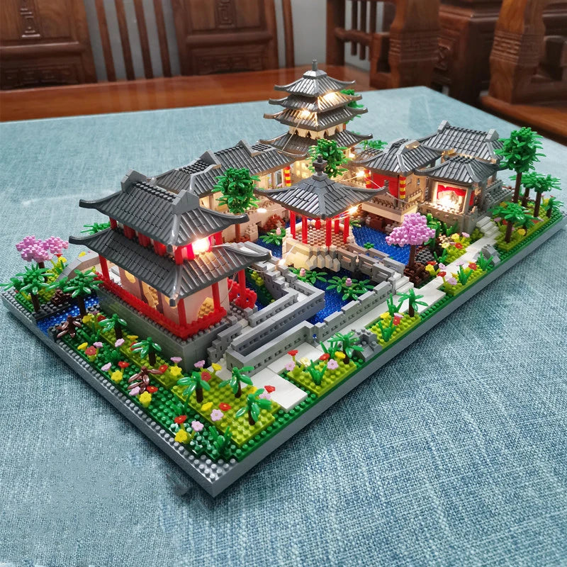 Lezi Architecture Ancient Pavilion Temple Tower Lake Garden Gate LED Light Model Mini Diamond Blocks Bricks Building Toy no Box