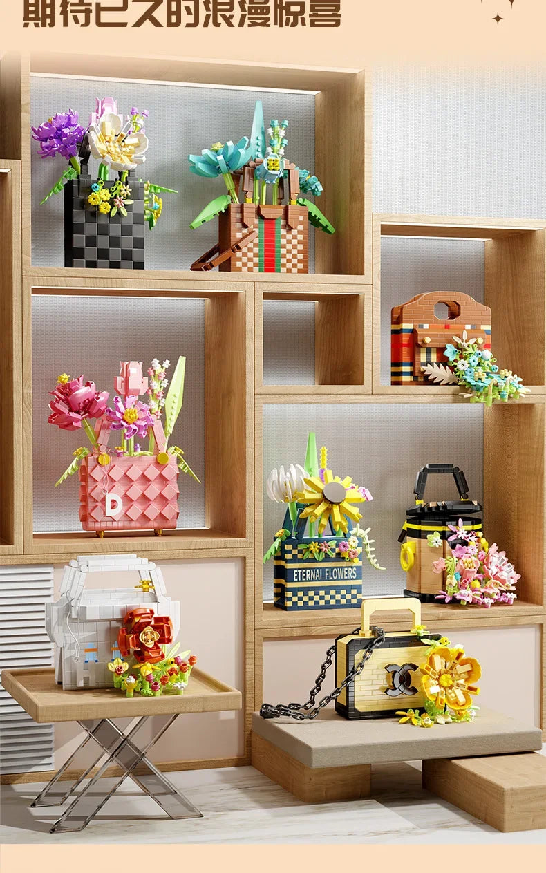 Bag flower basket Flower language girl pieced together assemble building blocks toy decoration model gift