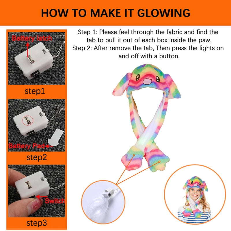 LED Light Bunny Ear Moving Hat Cute Animal Hat with Luminous Jumping up Plush Moving Ears Cap for Kids Funny Cosplay Party Hat