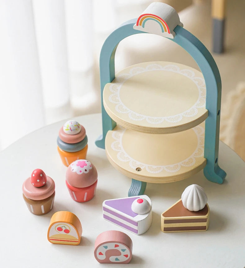 Wooden Kitchen Pretend Play Toy Kids Wooden Toys Coffee Maker Set Cake Ice Cream Tea Playset Toddler Learning Educational Toys