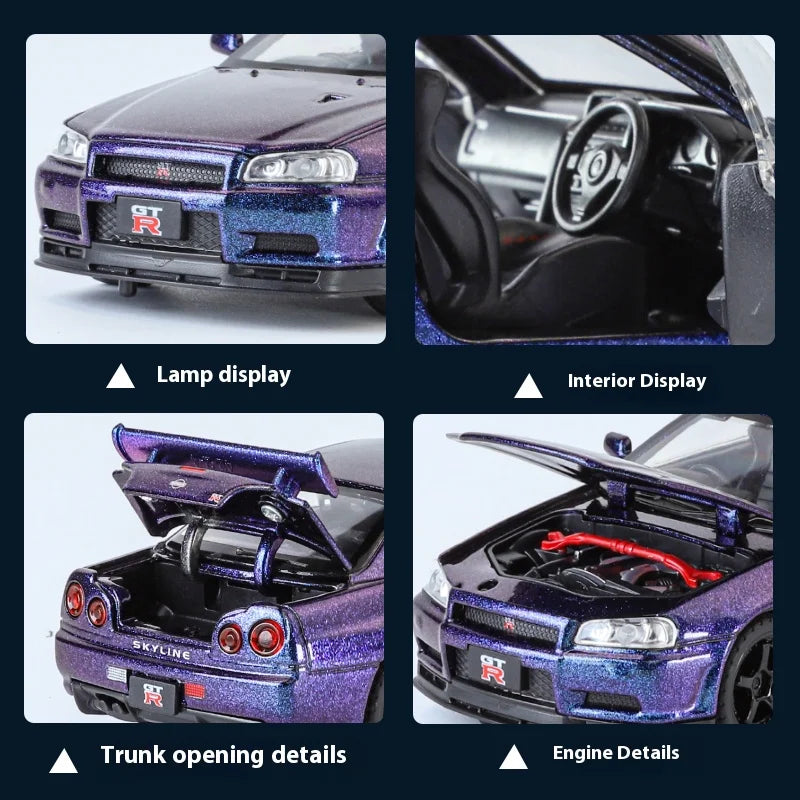 1:32 Nissan GTR R34 Skyline Supercar Alloy Metal Diecast Car Model Sound & Light Holiday Boyfriend Gift Collect Hobby Ornaments