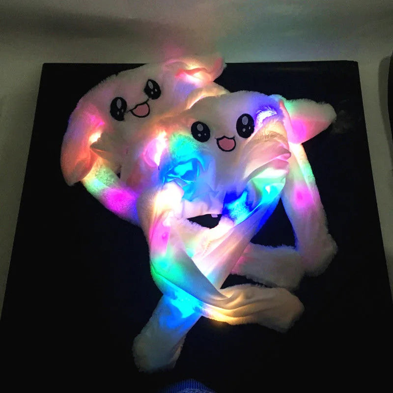 LED Light Bunny Ear Moving Hat Cute Animal Hat with Luminous Jumping up Plush Moving Ears Cap for Kids Funny Cosplay Party Hat