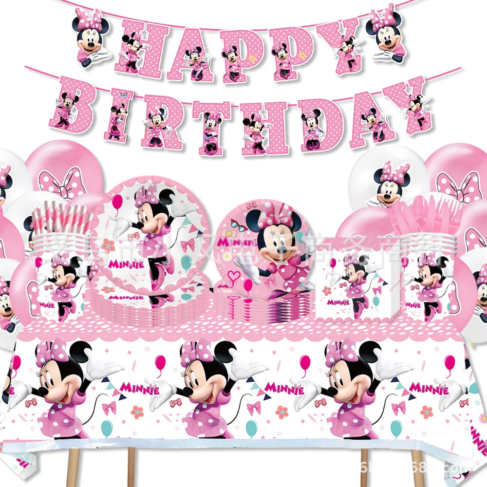 Minnie Mouse Party Decoration Disposable Tableware Minnie Cup Plate Balloon For Girls Baby Bath Birthday Party Supplies