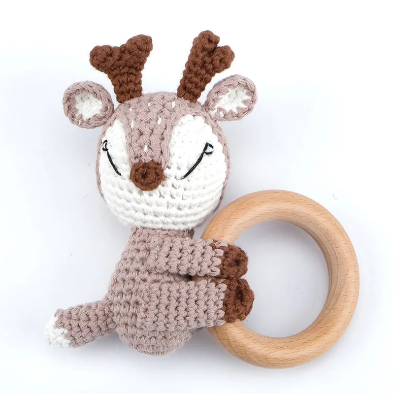 Handmade Baby Wooden Teether DIY Crochet Deer ELK Rattle Newborn Rodent Teething Ring Mobile Gym Educational Toys for Kids