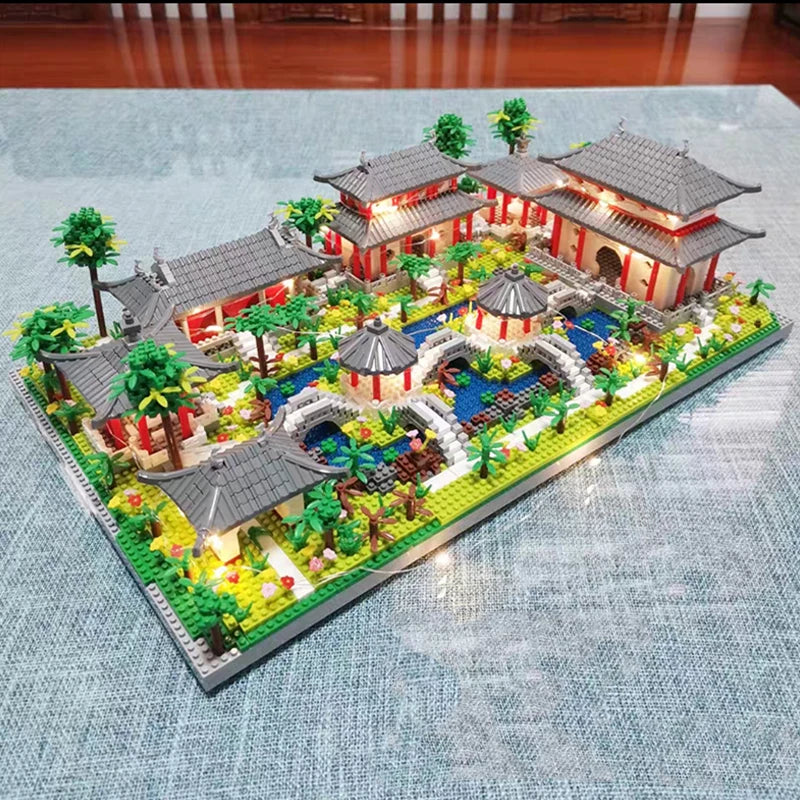 Lezi Architecture Ancient Pavilion Temple Tower Lake Garden Gate LED Light Model Mini Diamond Blocks Bricks Building Toy no Box