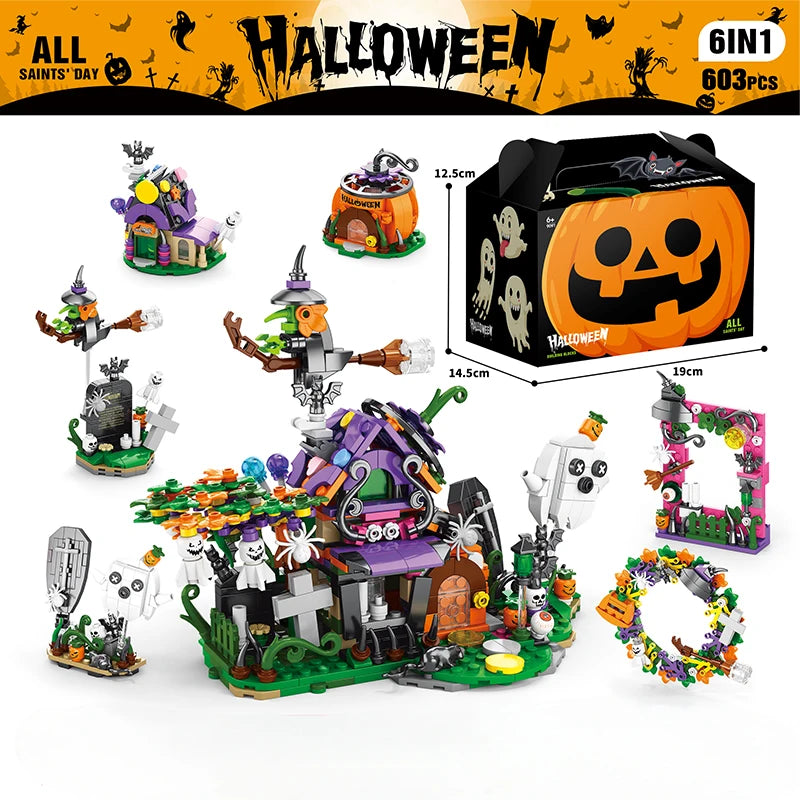 603PCS Halloween Building Block Set Pumpkin House DIY Educational Building Block Toy Children's Festive Gifts for Home Decor