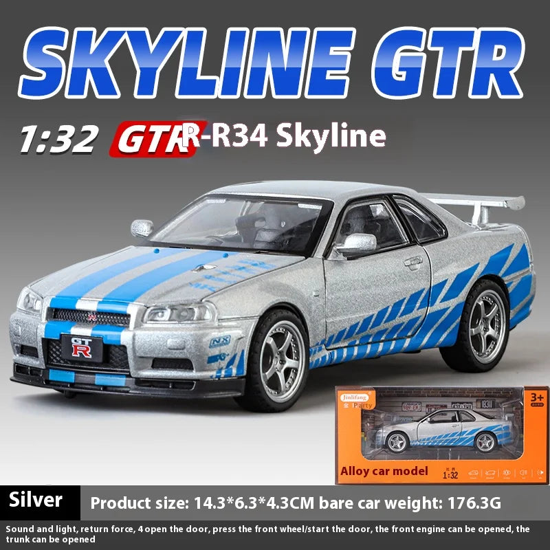 1:32 Nissan GTR R34 Skyline Supercar Alloy Metal Diecast Car Model Sound & Light Holiday Boyfriend Gift Collect Hobby Ornaments