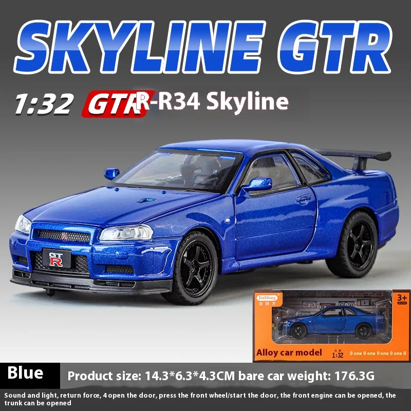 1:32 Nissan GTR R34 Skyline Supercar Alloy Metal Diecast Car Model Sound & Light Holiday Boyfriend Gift Collect Hobby Ornaments
