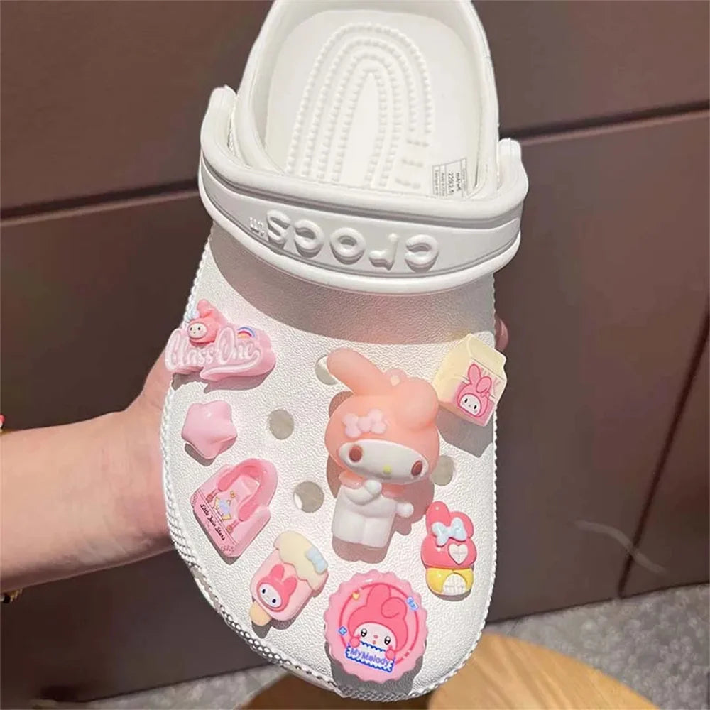 Kawaii Sanrio LED Charm Shoe Buckles Set Cute Hello Kitty Kuromi Cinnamoroll Melody Assembling DIY Shoe Decorations Girls Gifts