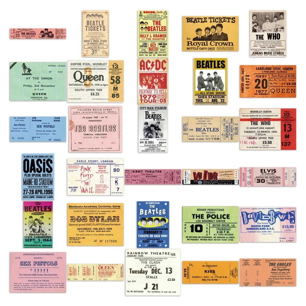 55pcs Retro Rock Band Tickets Graffiti Stickers Aesthetic Phone Bike Wall Scrapbook Motorcycle Waterproof Cartoon Sticker