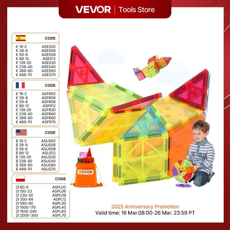 VEVOR 180PCS Magnetic Building Blocks Construction Set Children Magnet Tiles Montessori Educational Toys for Kids Birthday Gifts