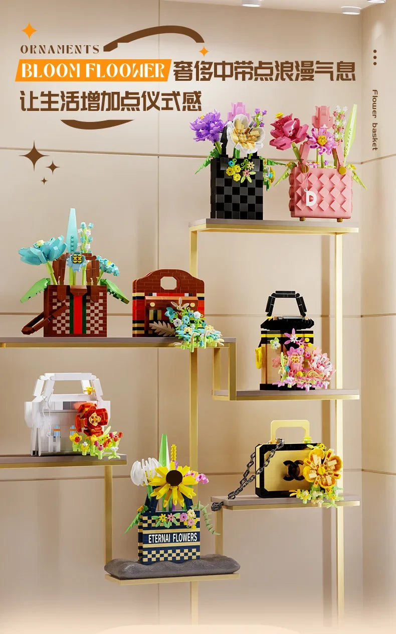 Bag flower basket Flower language girl pieced together assemble building blocks toy decoration model gift