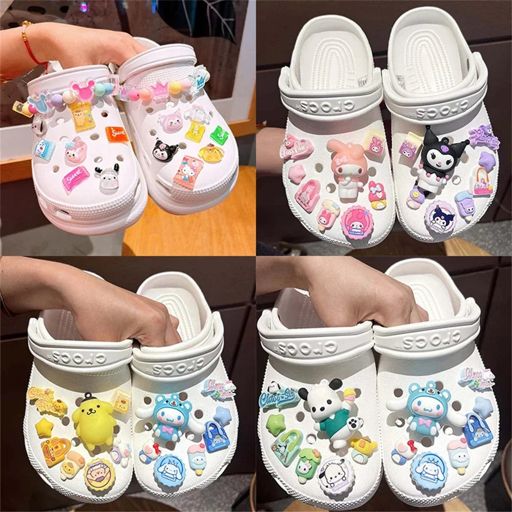 Kawaii Sanrio LED Charm Shoe Buckles Set Cute Hello Kitty Kuromi Cinnamoroll Melody Assembling DIY Shoe Decorations Girls Gifts
