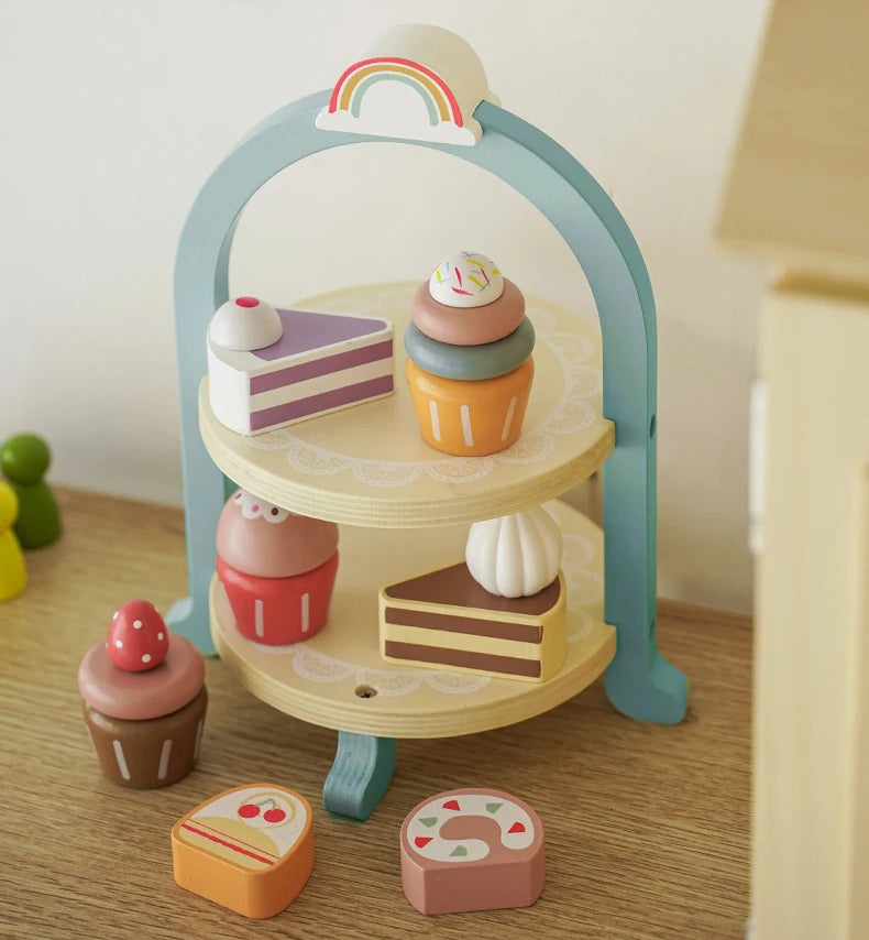 Wooden Kitchen Pretend Play Toy Kids Wooden Toys Coffee Maker Set Cake Ice Cream Tea Playset Toddler Learning Educational Toys