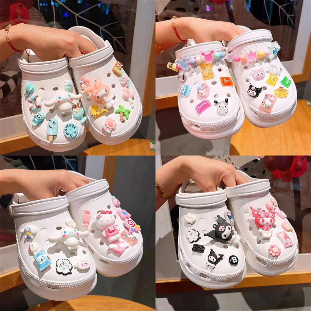 Kawaii Sanrio LED Charm Shoe Buckles Set Cute Hello Kitty Kuromi Cinnamoroll Melody Assembling DIY Shoe Decorations Girls Gifts