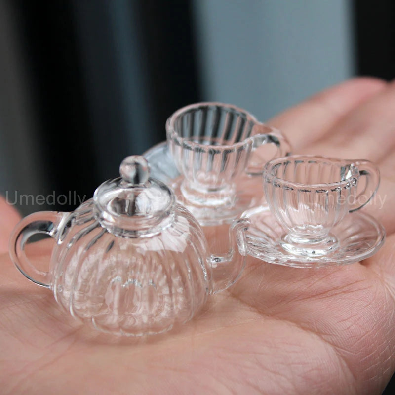 1:6 Dollhouse Miniature Glass Teapot Mini Cup with Saucer Pretend Play Food Kitchenware for BJD Bltyh Doll House Kitchen Toy