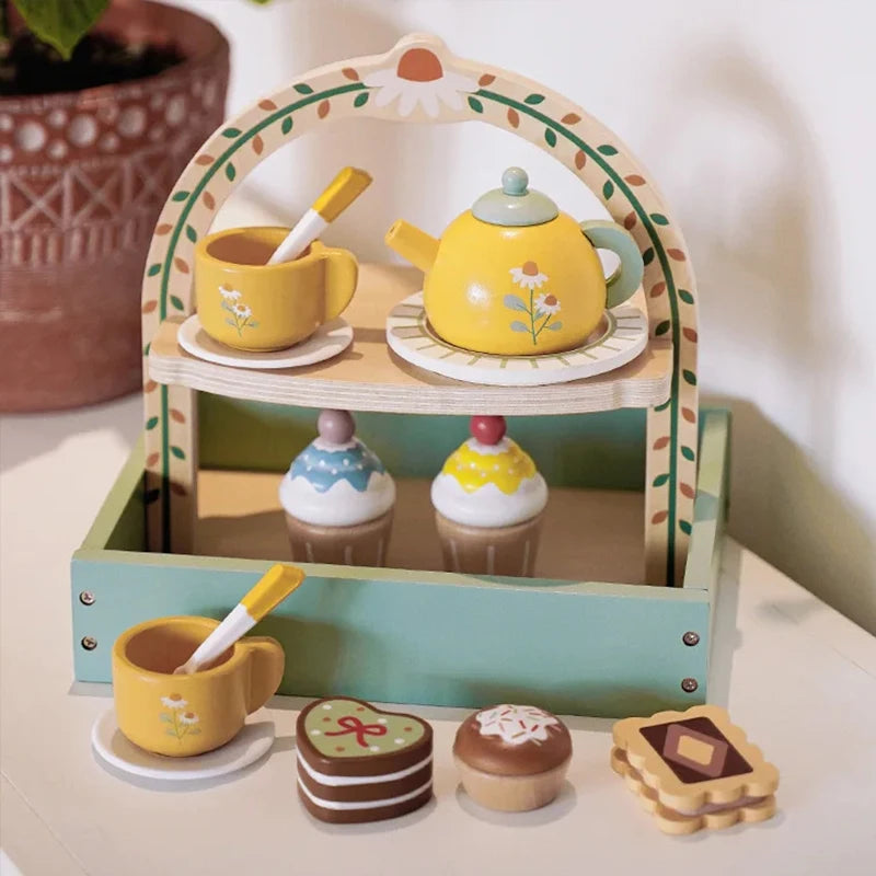 Wooden Kitchen Pretend Play Toy Kids Wooden Toys Coffee Maker Set Cake Ice Cream Tea Playset Toddler Learning Educational Toys