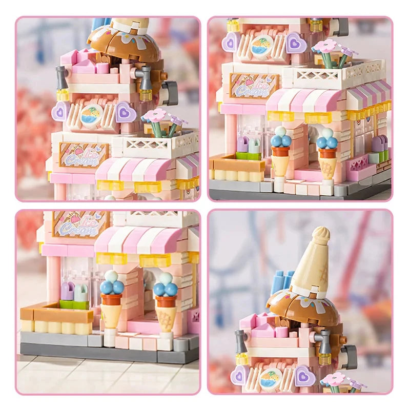 City Street View Building Block Set DIY Ice Cream Coffee Flower Shop Model Building Toy Ideal for Home Decor and Holiday Gifts