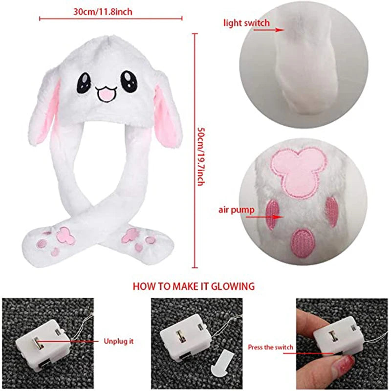 LED Light Bunny Ear Moving Hat Cute Animal Hat with Luminous Jumping up Plush Moving Ears Cap for Kids Funny Cosplay Party Hat